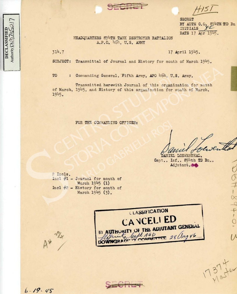 Il Rapporto Storico Militare ufficiale dell’894º Battaglione Cacciacarri dell’Esercito degli Stati&nbsp;Uniti.